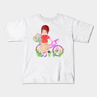 cartoon girl with a bicycle and a bouquet of wildflowers Kids T-Shirt